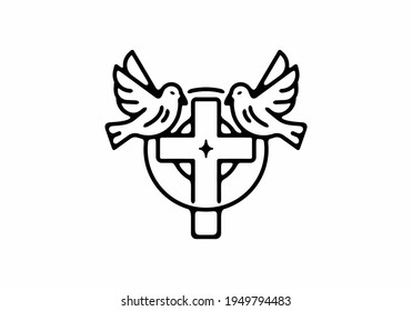 Cross and bird line art black and white tattoo design