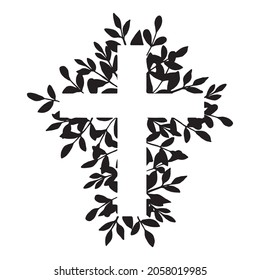 Cross. Black floral religious cross isolated. Christian symbol for Baptism, First Communion, Easter, or Christmas design. Catholic object. Orthodox cross with branches and leaves.