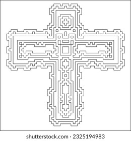 Cross with black and white geometrical patterns . 