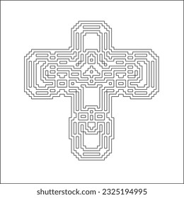 Cross with black and white geometrical patterns . 