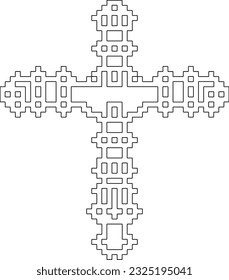Cross with black and white geometrical patterns. Line Art.