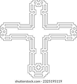 Cross with black and white geometrical patterns . 