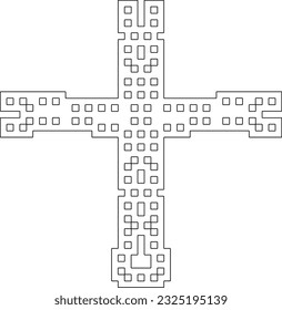 Cross with black and white geometrical patterns . 