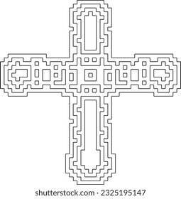 Cross with black and white geometrical patterns. Line Art.