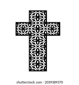 cross with black and white patterns on a white background. 