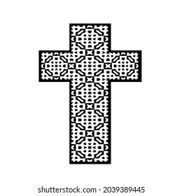 cross with black and white patterns on a white background. 