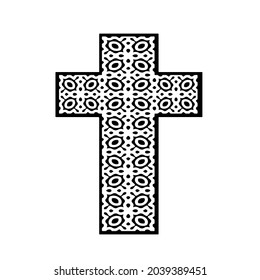cruza con motivos en blanco y negro sobre un fondo blanco. 
