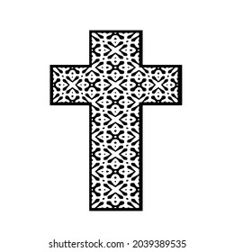 cross with black and white patterns on a white background. 