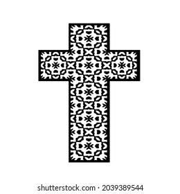 cross with black and white patterns on a white background. 
