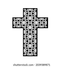cross with black and white patterns on a white background. 