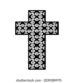 cross with black and white patterns on a white background. 
