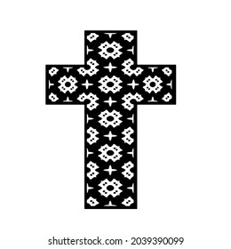 cruza con motivos en blanco y negro sobre un fondo blanco. 