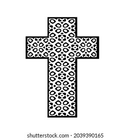 cruza con motivos en blanco y negro sobre un fondo blanco. 