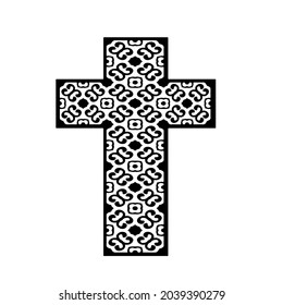 cross with black and white patterns on a white background. 