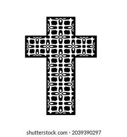 cruza con motivos en blanco y negro sobre un fondo blanco. 