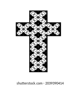 cross with black and white patterns on a white background. 