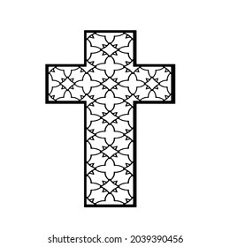 cross with black and white patterns on a white background. 