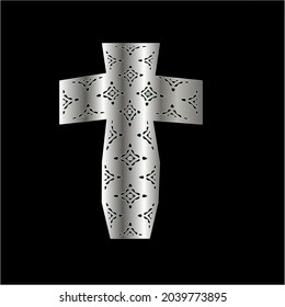 cross with black and white patterns on a white background. 