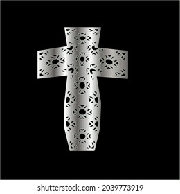 cross with black and white patterns on a white background. 