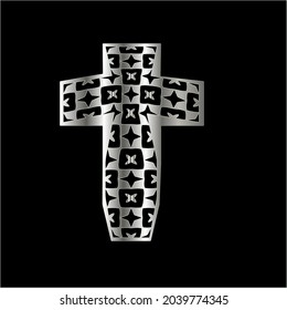 cross with black and white patterns on a white background. 