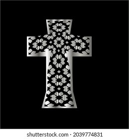 cross with black and white patterns on a white background. 
