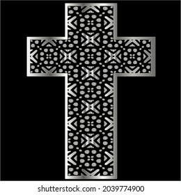 cross with black and white patterns on a white background. 
