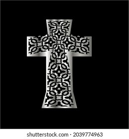 cross with black and white patterns on a white background. 