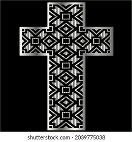 cross with black and white patterns on a white background. 