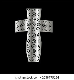 cross with black and white patterns on a white background. 