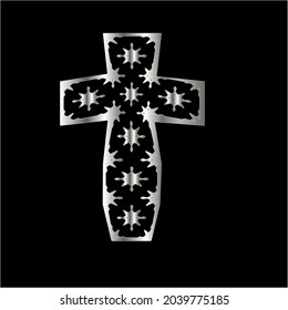 cross with black and white patterns on a white background. 
