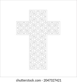 Kreuz mit schwarz-weißen Mustern auf weißem Hintergrund. 
Wiederholung geometrischer Muster aus gestreiften Elementen. 