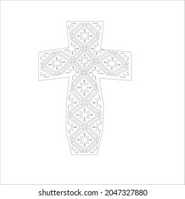 cross with black and white patterns on a white background. 
Repeating geometric pattern from striped elements. 