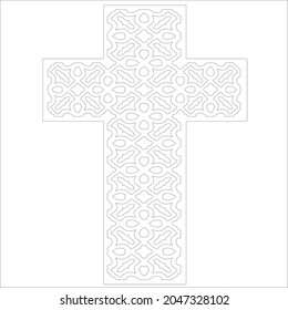 cross with black and white patterns on a white background. 
Repeating geometric pattern from striped elements. 