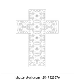 cross with black and white patterns on a white background. 
Repeating geometric pattern from striped elements. 