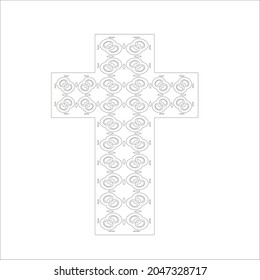 cross with black and white patterns on a white background. 
Repeating geometric pattern from striped elements. 