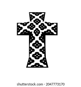 cross with black and white patterns on a white background. 