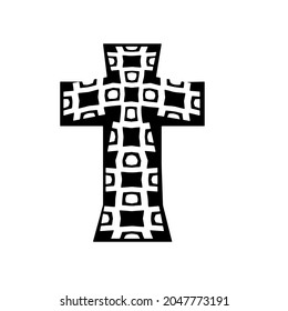 cross with black and white patterns on a white background. 