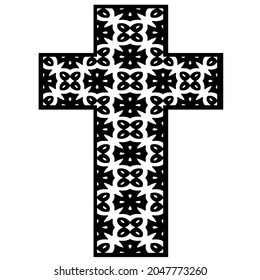 
cruza con motivos en blanco y negro sobre un fondo blanco. 