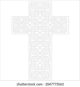 cross with black and white patterns on a white background. 
Repeating geometric pattern from striped elements. 