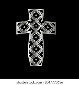 cross with black and white patterns on a black background. 