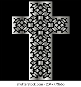 cross with black and white patterns on a black background. 