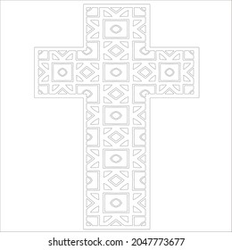 cross with black and white patterns on a white background. 
Repeating geometric pattern from striped elements. 