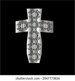 cross with black and white patterns on a black background. 