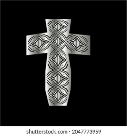 cross with black and white patterns on a black background. 