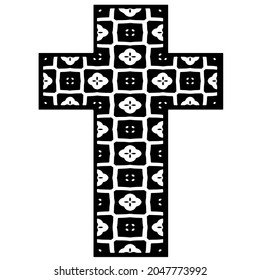 
cross with black and white patterns on a white background. 