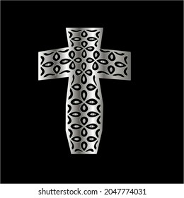 cross with black and white patterns on a black background. 