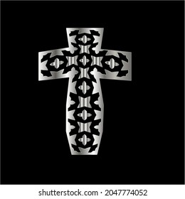 cross with black and white patterns on a black background. 