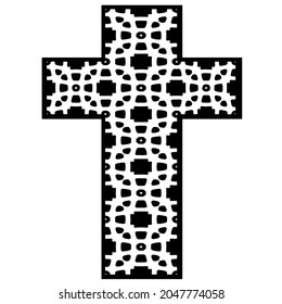 
cruza con motivos en blanco y negro sobre un fondo blanco. 
