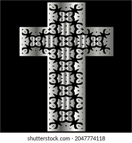 cross with black and white patterns on a black background. 
