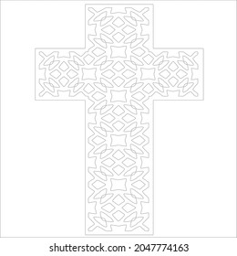 cross with black and white patterns on a white background. 
Repeating geometric pattern from striped elements. 